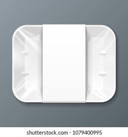 White Empty Blank Styrofoam Plastic Food Tray Container With Lable. Illustration Isolated On Gray Background. Mock Up Template Ready For Your Design. Vector EPS10