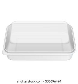 White Empty Blank Styrofoam Plastic Food Tray Container Box With Lid, Cover. Illustration Isolated On White Background. Mock Up Template Ready For Your Design. Vector EPS10