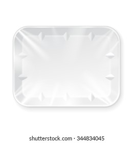 White Empty Blank Styrofoam Plastic Food Tray Container. Illustration Isolated On White Background. Mock Up Template Ready For Your Design. Vector EPS10