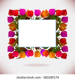White empty board with colorful bright tulip flowers. Vector illustration.