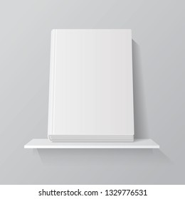 White empty book on shelf. Front standing book cover on bookshelf mockup