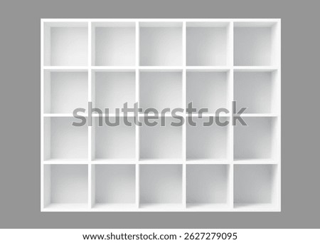 White empty bookshelf. Realistic 3d vector mockup of modern cabinet with shelves Home or office interior furniture. Shop, gallery showcase. retail storage space with five rows of square compartments