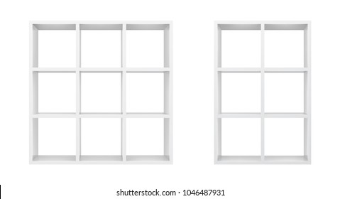 White empty bookshelf template. Realistic isolated vector.