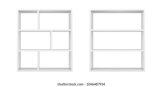 White empty bookshelf template. Realistic isolated vector.
