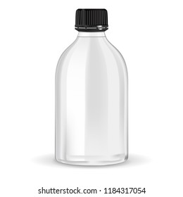 White empty bottle with black lid. Container mockup. Vector 3d illustration isolated on white background