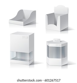 White empty box displays. Display on Isolated white background. Mock-up template ready for design. Product Packing Vector