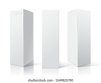 White empty box displays on Isolated white background. Three different positions. Product Packing Vector