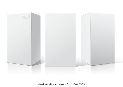 White empty box displays on Isolated white background. Three different positions. Product Packing Vector