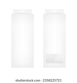White empty box mockup with transparent window and hanging tab. Accessories packaging. Blank product package template. Vector illustration
