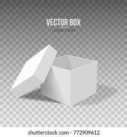 White empty box with an open lid on a transparent background. Vector illustration