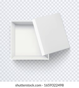 White empty box top view. Realistic half open cardboard paper box mockup isolated on transparent background.