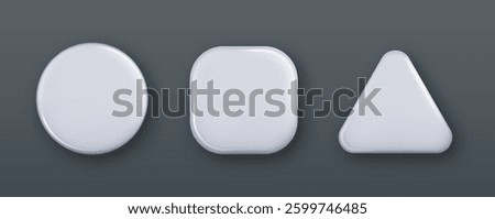 White empty white buttons. Blank glossy round, square and rectangle badges with shadow.