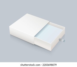 Caja de cartón blanca vacía para la marca, presentación o joyería, caja abierta deslizante sobre un fondo pastel. Plantilla de mordaza. 