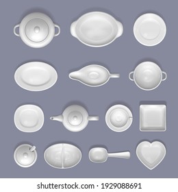 Cajón blanco vacío de vajilla de cerámica, vectorial superior ilustración aislada. Plato cuadrado, redondo, plato en forma de corazón, tazón, plato. Vajilla de porcelana, vajilla y utensilios de cocina. Cocina
