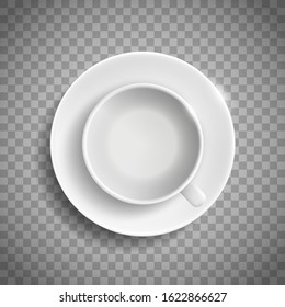 White empty ceramic cup and saucer. Top view. Template isolated on a transparent background. Vector illustration.