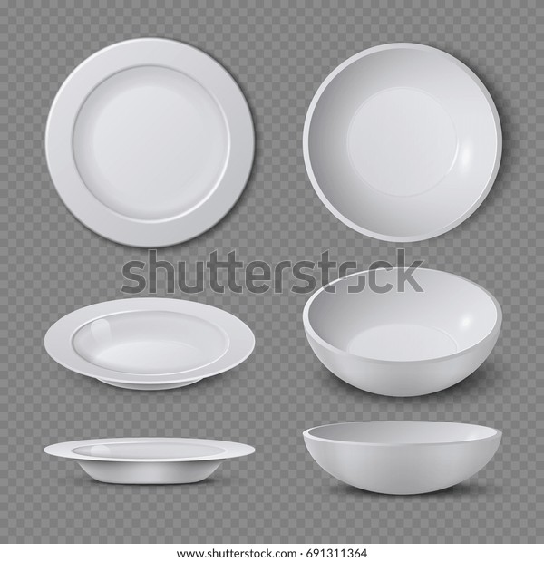別の視点にある白い空のセラミック板分離型ベクターイラスト 台所 磁器の食器用の皿と皿 のベクター画像素材 ロイヤリティフリー