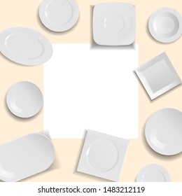 White empty ceramic plates in different points of view on frame isolated vector illustration. Plates and dishes clean for kitchen, porcelain dishware around frame.
