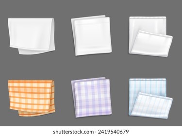 White empty and checkered folded handkerchief mockup. Realistic vector illustration set of cotton gingham cloth napkin or kitchen towel. Fabric traditional textile tablecloth and serviette template.