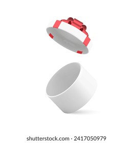 White empty circle gift box with red bow ribbon and open flying lid 3d icon realistic vector