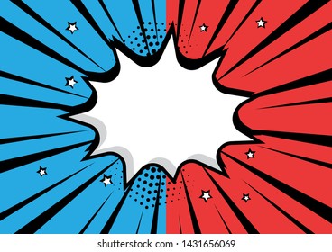 White empty comic speech bubble with stars and dots on blue and red background. Vector illustration in pop art style