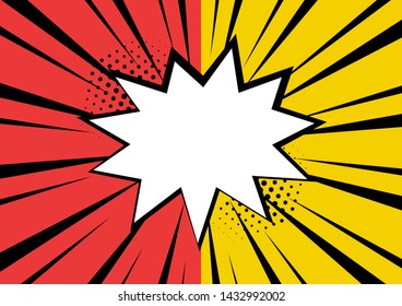 White empty comic speech bubble with stars and dots on red and yellow background. Vector illustration in pop art style