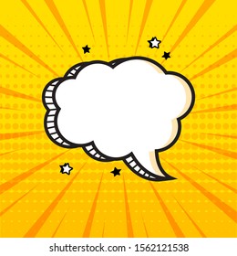 White empty comic speech bubble with halftone dots shadow and stars on yellow background in pop art style. Vector illustration
