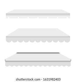 White Empty Commercial Vector Awning. Market, Cafe, Or Restaurant Desing Element. Three Different Pure White Awnings Isolated On White Background.