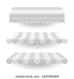 White Empty Commercial Vector Awning. Market, Cafe, Or Restaurant Desing Element. Striped And Pure White Awnings Isolated On White Background.