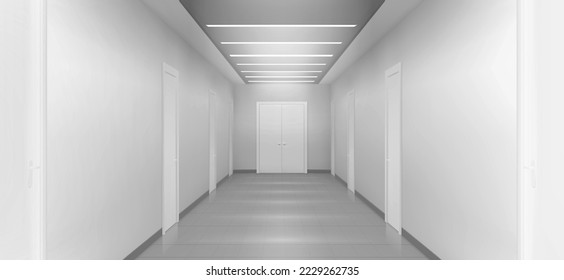 White empty corridor, 3d hospital, clinic or office hall with doors by sides perspective view. Modern ward, medical fascility, light room with lamps on ceiling, Realistic vector illustration, mock up