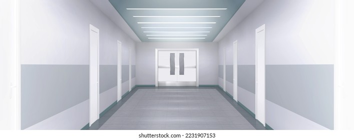 White empty corridor, 3d hospital or clinic hall with doors by sides and large doorway in the end. Modern ward, medical facility, Realistic vector light room with lamps on ceiling perspective view