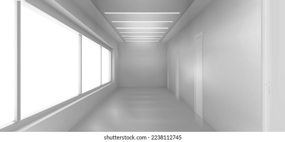 White empty corridor, 3d hospital, clinic, office hall with large windows and doors by sides perspective view. Modern ward, medical fascility, light room with lamps on ceiling, Realistic vector mock p