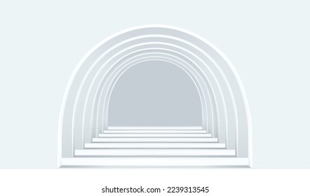 White empty corridor of several round arches in perspective with shadows. Minimal background. Abstract architecture. Vector illustration of archway. Inside interior