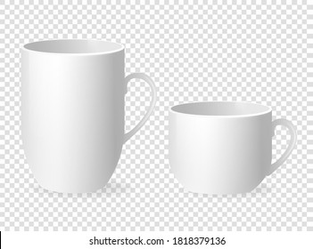White empty cup in classic style on transparent background. White background. Vector illustration.