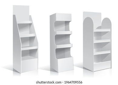 White Empty Display With Shelves Products.Display on Isolated white background. Mock-up template ready for design.
