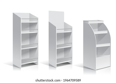 White Empty Display With Shelves Products.Display on Isolated white background. Mock-up template ready for design.