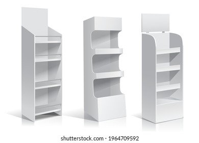 White Empty Display With Shelves Products.Display on Isolated white background. Mock-up template ready for design.