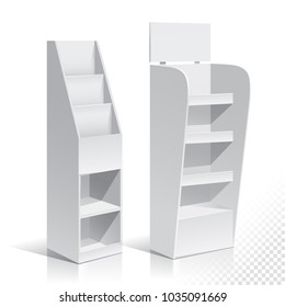 White Empty Displays With Shelves Products. Display on Isolated white background. Mock-up template ready for design. Product Packing Vector