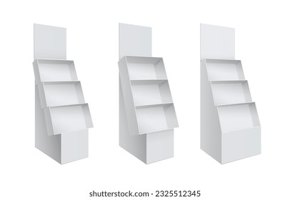 White Empty Displays With Shelves Products. Retail Trade Stand Isolated on the white background. MockUp Template For Your Design. Vector illustration.