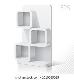 White Empty Displays With Shelves Products.Display on Isolated white background. Mock-up template ready for design. Product Packing Vector