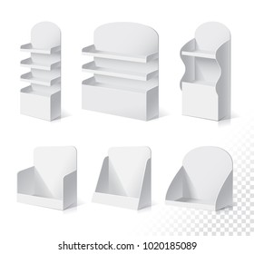 White Empty Displays With Shelves Products.Display on Isolated white background. Mock-up template ready for design. Product Packing Vector