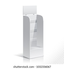 White Empty Displays With Shelves Products.Display on Isolated white background. Mock-up template ready for design. Product Packing Vector