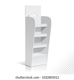 White Empty Displays With Shelves Products.Display on Isolated white background. Mock-up template ready for design. Product Packing Vector