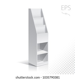 White Empty Displays With Shelves Products.Display on Isolated white background. Mock-up template ready for design. Product Packing Vector