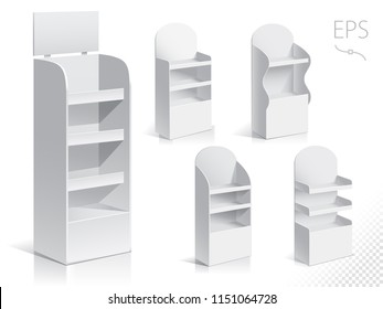 White Empty Displays With Shelves Products.Display on Isolated white background. Mock-up template ready for design. Product Packing Vector