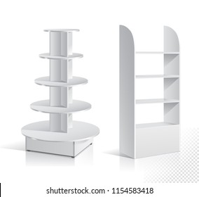 White Empty Displays With Shelves Products.Display on Isolated white background. Mock-up template ready for design. Product Packing Vector