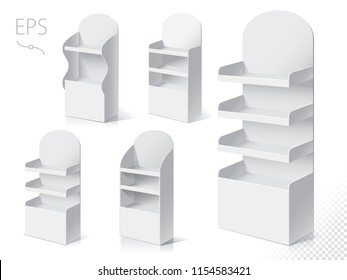 White Empty Displays With Shelves Products.Display on Isolated white background. Mock-up template ready for design. Product Packing Vector