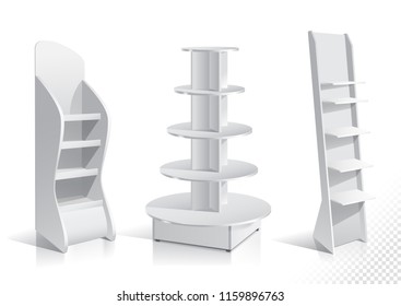 White Empty Displays With Shelves Products.Display on Isolated white background. Mock-up template ready for design. Product Packing Vector