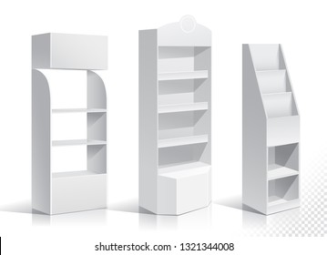 White Empty Displays With Shelves Products.Display on Isolated white background. Mock-up template ready for design. Product Packing Vector