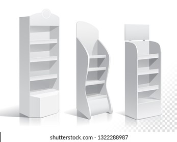 White Empty Displays With Shelves Products.Display On Isolated White Background. Mock-up Template Ready For Design. Product Packing Vector