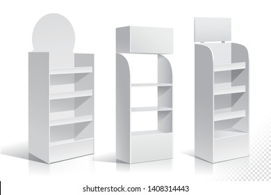 White Empty Displays With Shelves Products.Display on Isolated white background. Mock-up template ready for design. Product Packing Vector